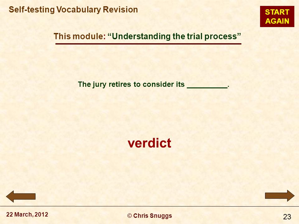 This module: Understanding the trial process © Chris Snuggs 22 March, 2012 Self-testing Vocabulary Revision 23 The jury retires to consider its __________.
