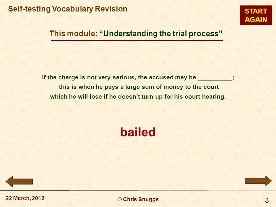 This module: Understanding the trial process © Chris Snuggs 22 March, 2012 Self-testing Vocabulary Revision 3 If the charge is not very serious, the accused may be __________; this is when he pays a large sum of money to the court which he will lose if he doesn’t turn up for his court hearing.