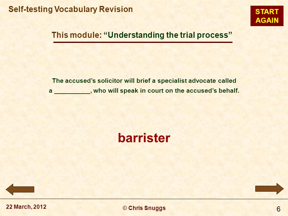 This module: Understanding the trial process © Chris Snuggs 22 March, 2012 Self-testing Vocabulary Revision 6 The accused’s solicitor will brief a specialist advocate called a __________, who will speak in court on the accused’s behalf.