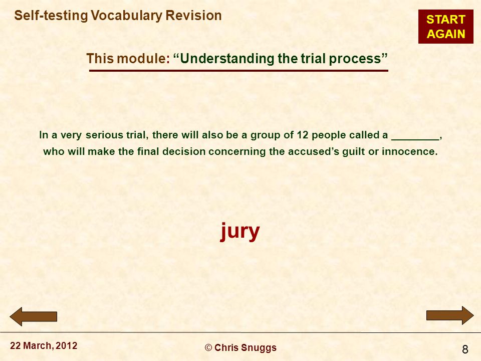 This module: Understanding the trial process © Chris Snuggs 22 March, 2012 Self-testing Vocabulary Revision 8 In a very serious trial, there will also be a group of 12 people called a ________, who will make the final decision concerning the accused’s guilt or innocence.