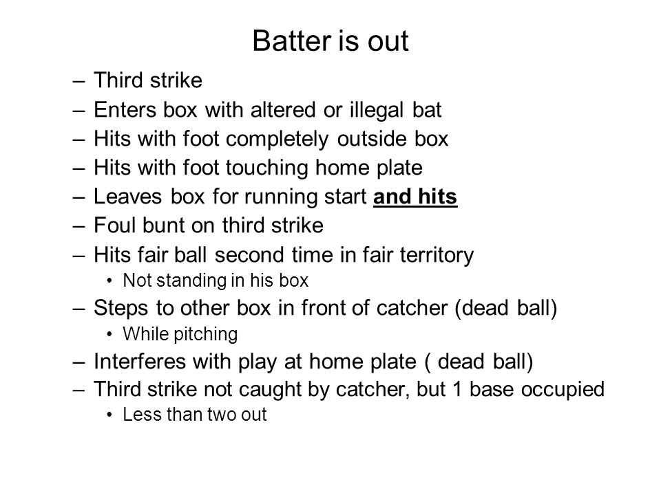 Batter is out –Third strike –Enters box with altered or illegal bat –Hits with foot completely outside box –Hits with foot touching home plate –Leaves box for running start and hits –Foul bunt on third strike –Hits fair ball second time in fair territory Not standing in his box –Steps to other box in front of catcher (dead ball) While pitching –Interferes with play at home plate ( dead ball) –Third strike not caught by catcher, but 1 base occupied Less than two out