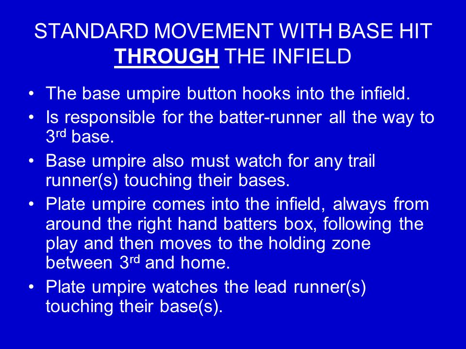 STANDARD MOVEMENT WITH BASE HIT THROUGH THE INFIELD The base umpire button hooks into the infield.