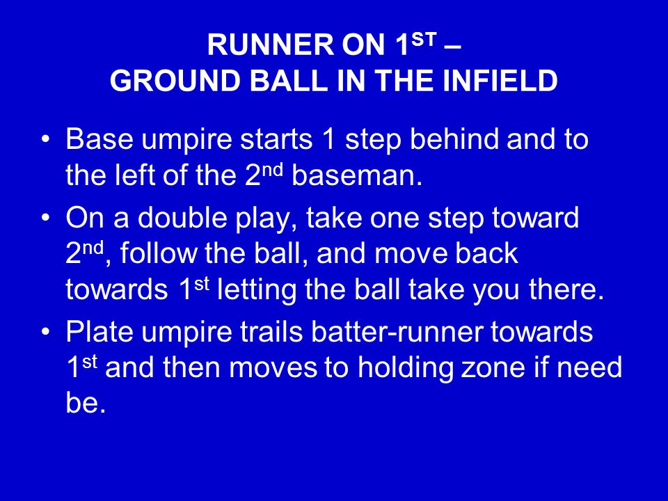 RUNNER ON 1 ST – GROUND BALL IN THE INFIELD Base umpire starts 1 step behind and to the left of the 2 nd baseman.