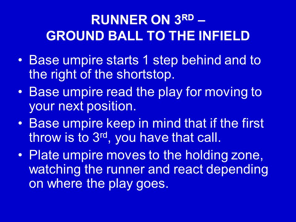 RUNNER ON 3 RD – GROUND BALL TO THE INFIELD Base umpire starts 1 step behind and to the right of the shortstop.