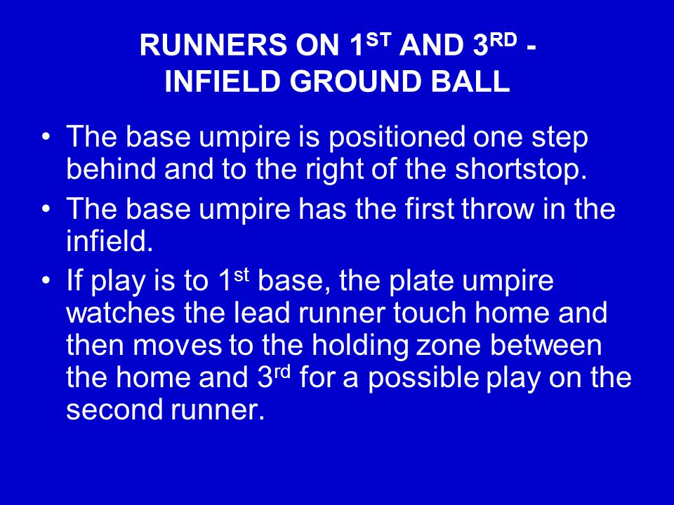 RUNNERS ON 1 ST AND 3 RD - INFIELD GROUND BALL The base umpire is positioned one step behind and to the right of the shortstop.