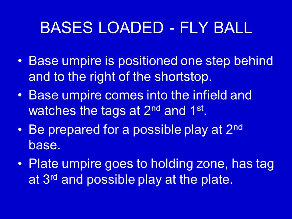 BASES LOADED - FLY BALL Base umpire is positioned one step behind and to the right of the shortstop.