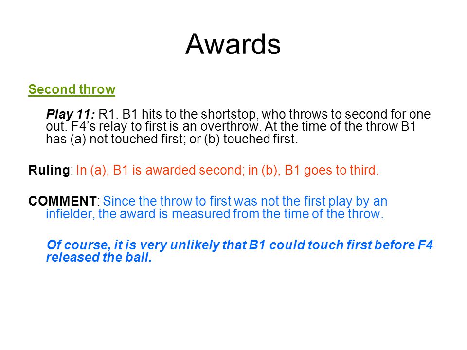 Awards Second throw Play 11: R1. B1 hits to the shortstop, who throws to second for one out.