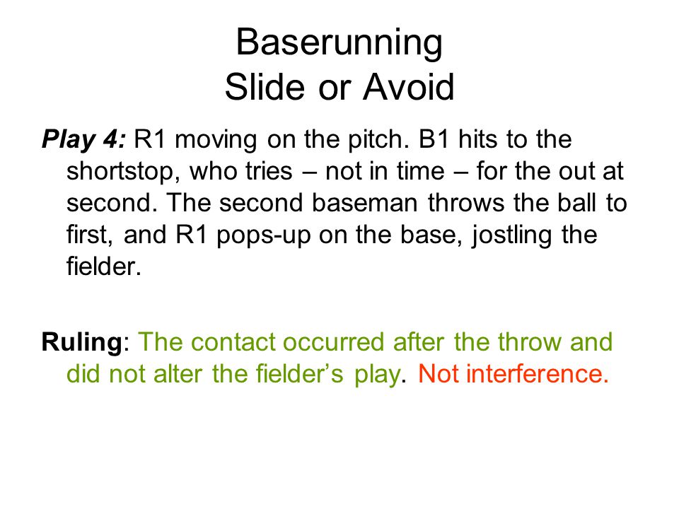 Baserunning Slide or Avoid Play 4: R1 moving on the pitch.