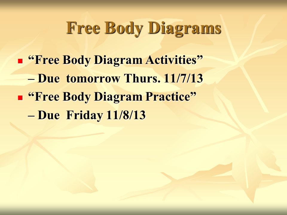 Free Body Diagrams Free Body Diagram Activities Free Body Diagram Activities – Due tomorrow Thurs.