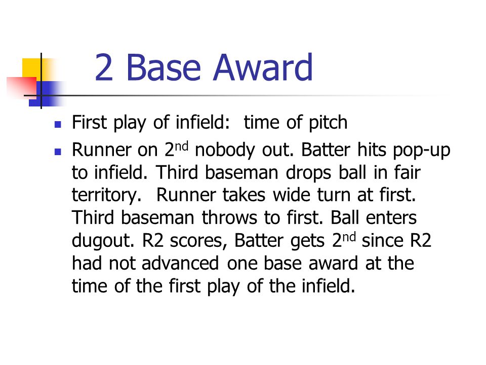 2 Base Award First play of infield: time of pitch Runner on 2 nd nobody out.