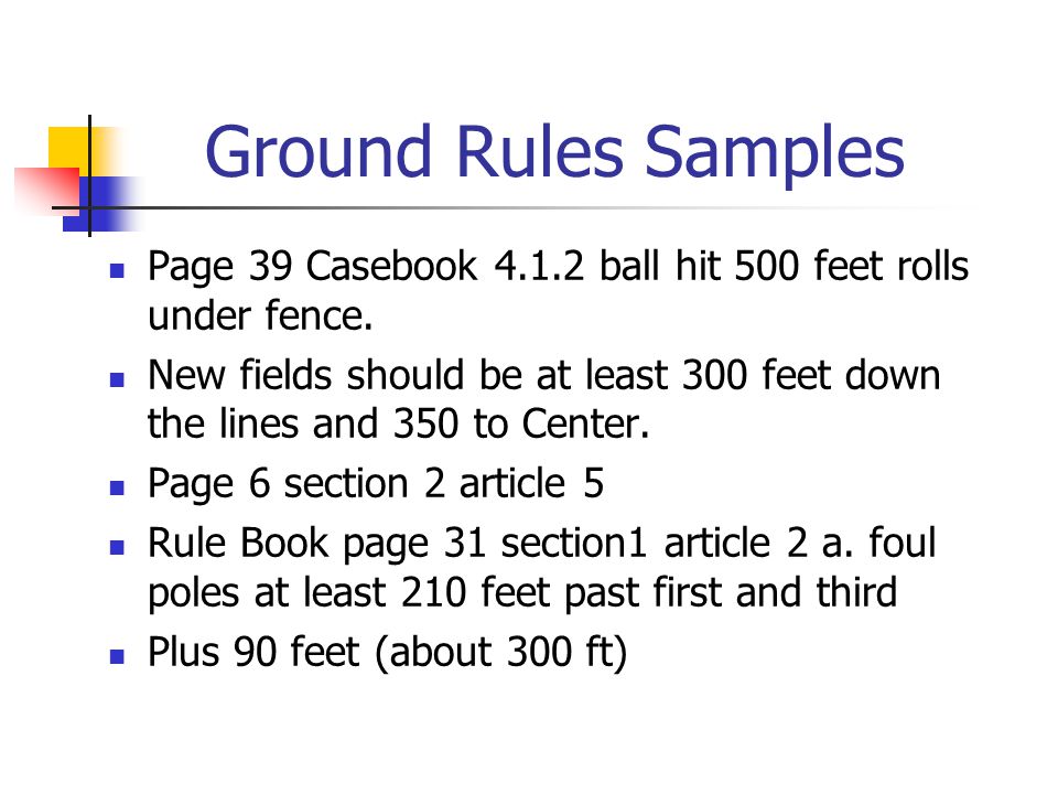Ground Rules Samples Page 39 Casebook ball hit 500 feet rolls under fence.