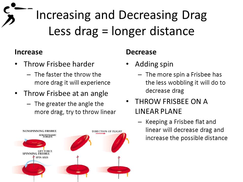 Increasing and Decreasing Drag Less drag = longer distance Increase Throw Frisbee harder – The faster the throw the more drag it will experience Throw Frisbee at an angle – The greater the angle the more drag, try to throw linear Decrease Adding spin – The more spin a Frisbee has the less wobbling it will do to decrease drag THROW FRISBEE ON A LINEAR PLANE – Keeping a Frisbee flat and linear will decrease drag and increase the possible distance