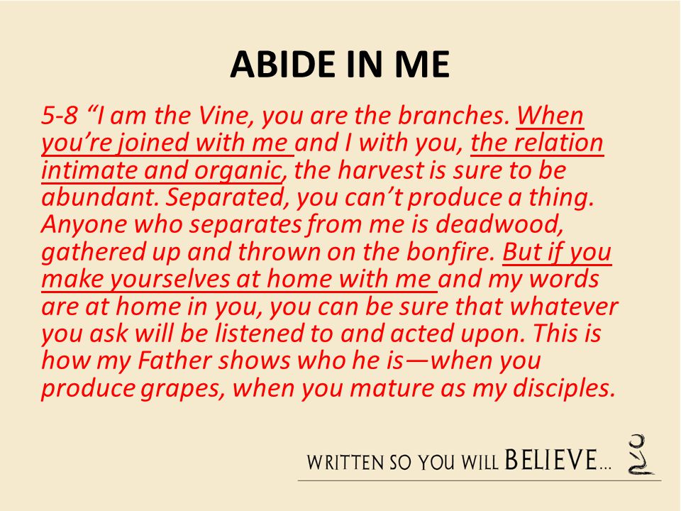 ABIDE IN ME 5-8 I am the Vine, you are the branches.