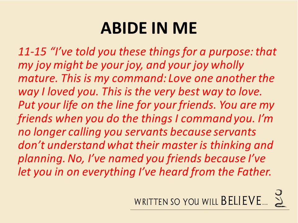 ABIDE IN ME I’ve told you these things for a purpose: that my joy might be your joy, and your joy wholly mature.