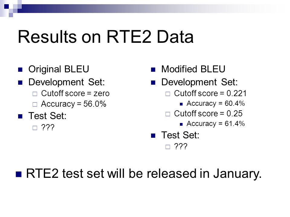 Results on RTE2 Data Original BLEU Development Set:  Cutoff score = zero  Accuracy = 56.0% Test Set:  .