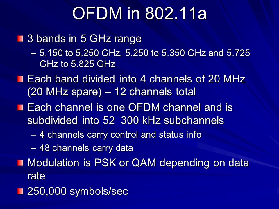 OFDM in a 3 bands in 5 GHz range –5.150 to GHz, to GHz and GHz to GHz Each band divided into 4 channels of 20 MHz (20 MHz spare) – 12 channels total Each channel is one OFDM channel and is subdivided into kHz subchannels –4 channels carry control and status info –48 channels carry data Modulation is PSK or QAM depending on data rate 250,000 symbols/sec