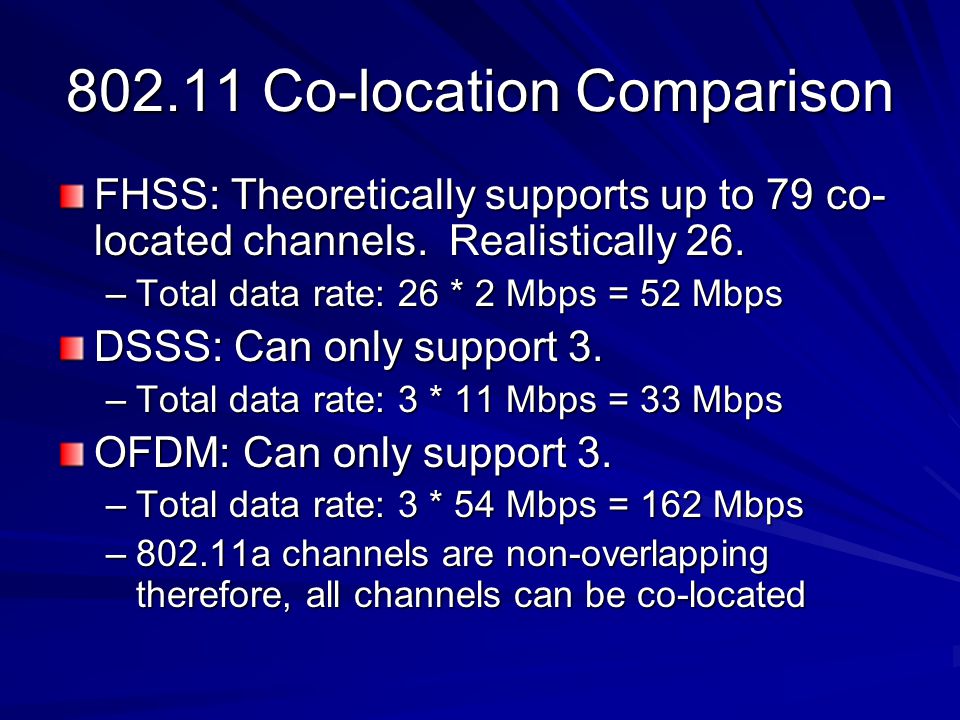 Co-location Comparison FHSS: Theoretically supports up to 79 co- located channels.
