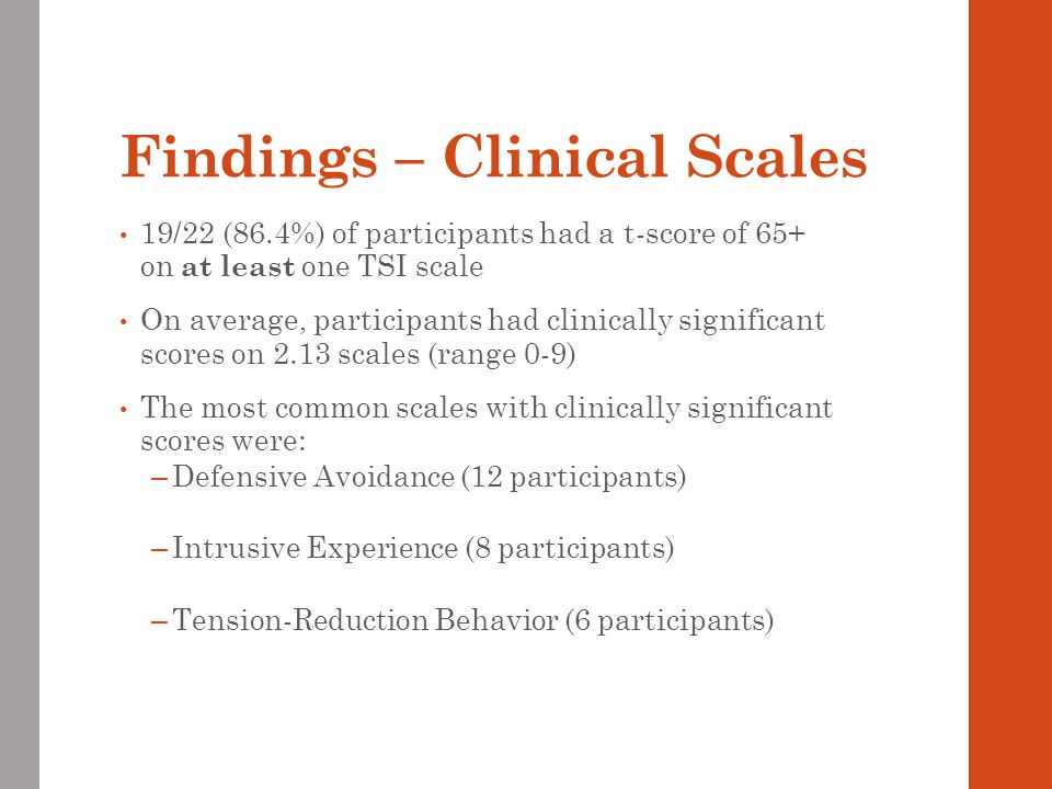 Findings – Clinical Scales 19/22 (86.4%) of participants had a t-score of 65+ on at least one TSI scale On average, participants had clinically significant scores on 2.13 scales (range 0-9) The most common scales with clinically significant scores were: – Defensive Avoidance (12 participants) – Intrusive Experience (8 participants) – Tension-Reduction Behavior (6 participants)
