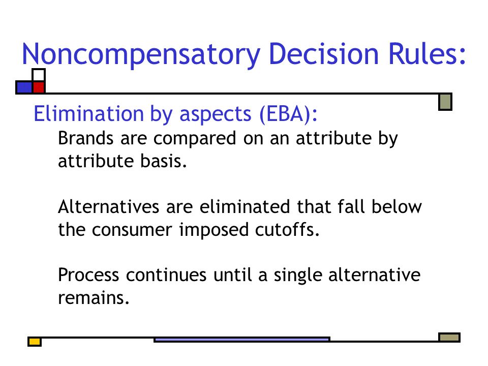 Noncompensatory Decision Rules: Elimination by aspects (EBA): Brands are compared on an attribute by attribute basis.