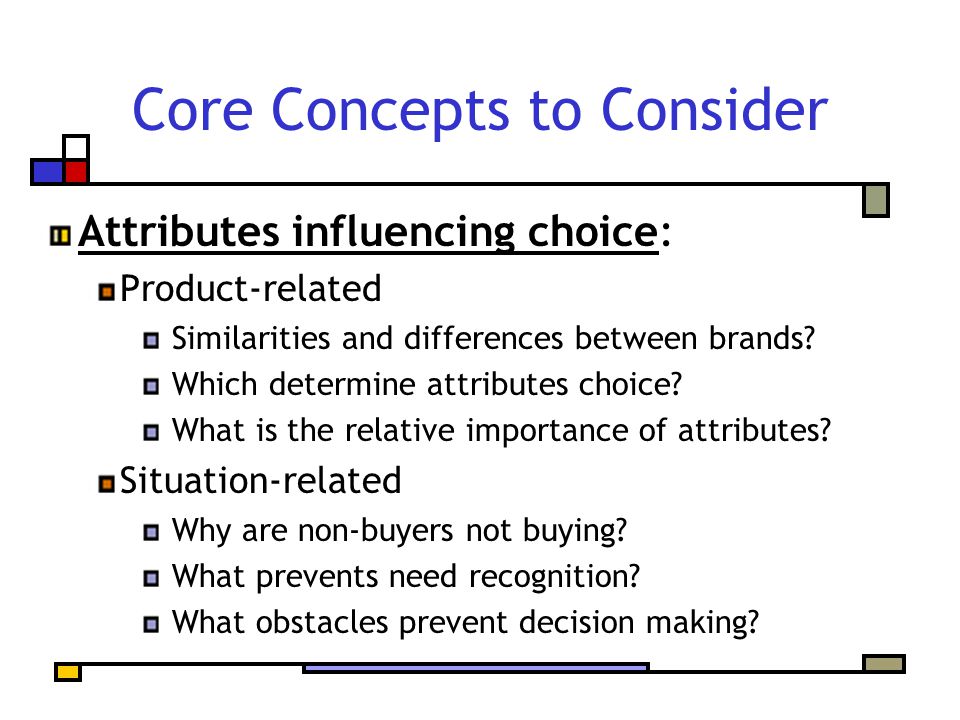 Core Concepts to Consider Attributes influencing choice: Product-related Similarities and differences between brands.