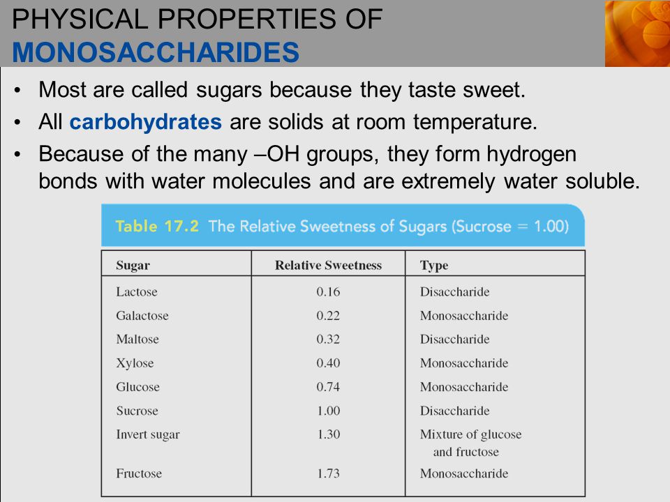 PHYSICAL PROPERTIES OF MONOSACCHARIDES Most are called sugars because they taste sweet.