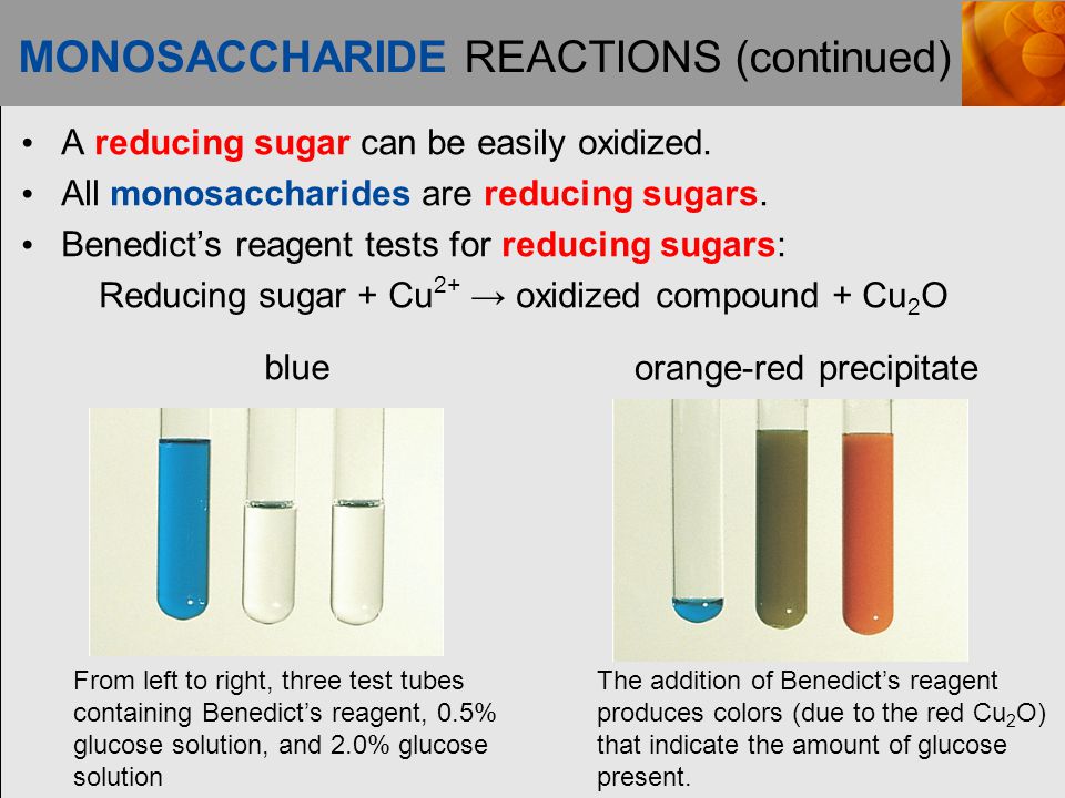 MONOSACCHARIDE REACTIONS (continued) A reducing sugar can be easily oxidized.