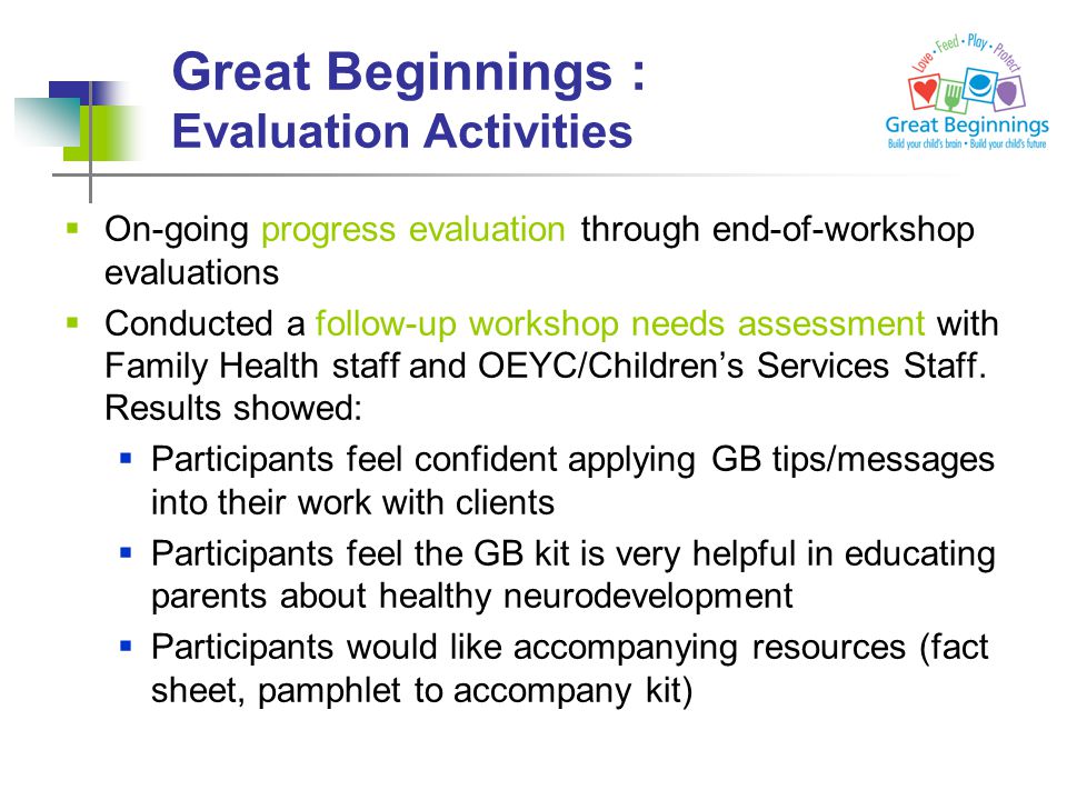 Great Beginnings : Evaluation Activities  On-going progress evaluation through end-of-workshop evaluations  Conducted a follow-up workshop needs assessment with Family Health staff and OEYC/Children’s Services Staff.