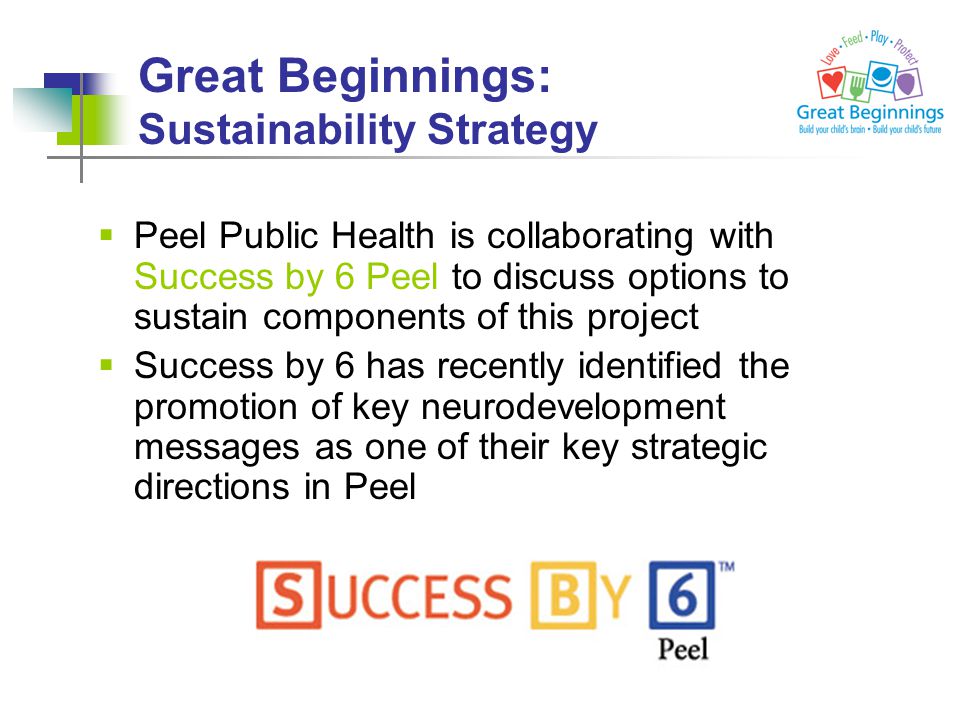 Great Beginnings: Sustainability Strategy  Peel Public Health is collaborating with Success by 6 Peel to discuss options to sustain components of this project  Success by 6 has recently identified the promotion of key neurodevelopment messages as one of their key strategic directions in Peel