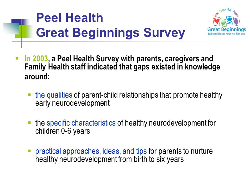  In 2003, a Peel Health Survey with parents, caregivers and Family Health staff indicated that gaps existed in knowledge around:  the qualities of parent-child relationships that promote healthy early neurodevelopment  the specific characteristics of healthy neurodevelopment for children 0-6 years  practical approaches, ideas, and tips for parents to nurture healthy neurodevelopment from birth to six years Peel Health Great Beginnings Survey