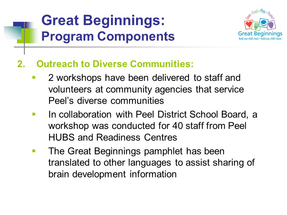 Great Beginnings: Program Components 2.Outreach to Diverse Communities:  2 workshops have been delivered to staff and volunteers at community agencies that service Peel’s diverse communities  In collaboration with Peel District School Board, a workshop was conducted for 40 staff from Peel HUBS and Readiness Centres  The Great Beginnings pamphlet has been translated to other languages to assist sharing of brain development information
