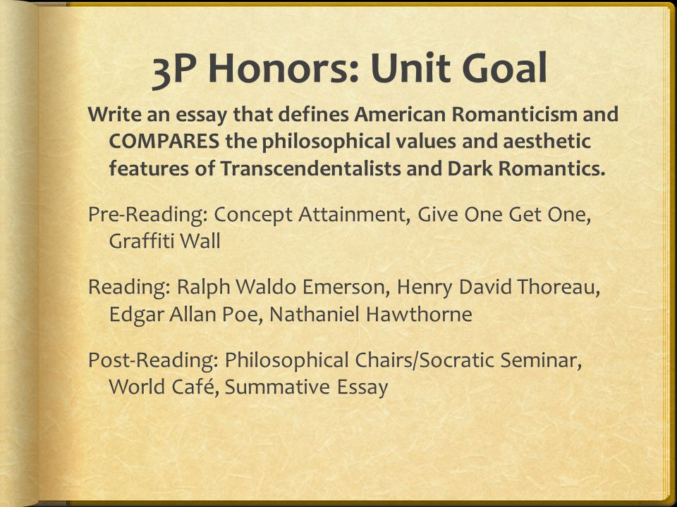 Essay Examples English P Honors Unit Goal Write An Essay That Defines American Romanticism And Compares The Philosophical Ap English Essays also Persuasive Essay Paper Unit Goal Write An Essay That Defines American Romanticism And Fifth Business Essays