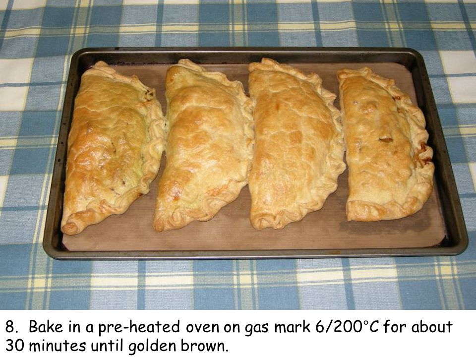 8. Bake in a pre-heated oven on gas mark 6/200°C for about 30 minutes until golden brown.