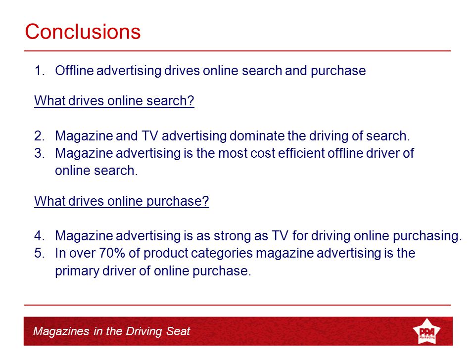 Magazines in the Driving Seat Conclusions 1.Offline advertising drives online search and purchase What drives online search.