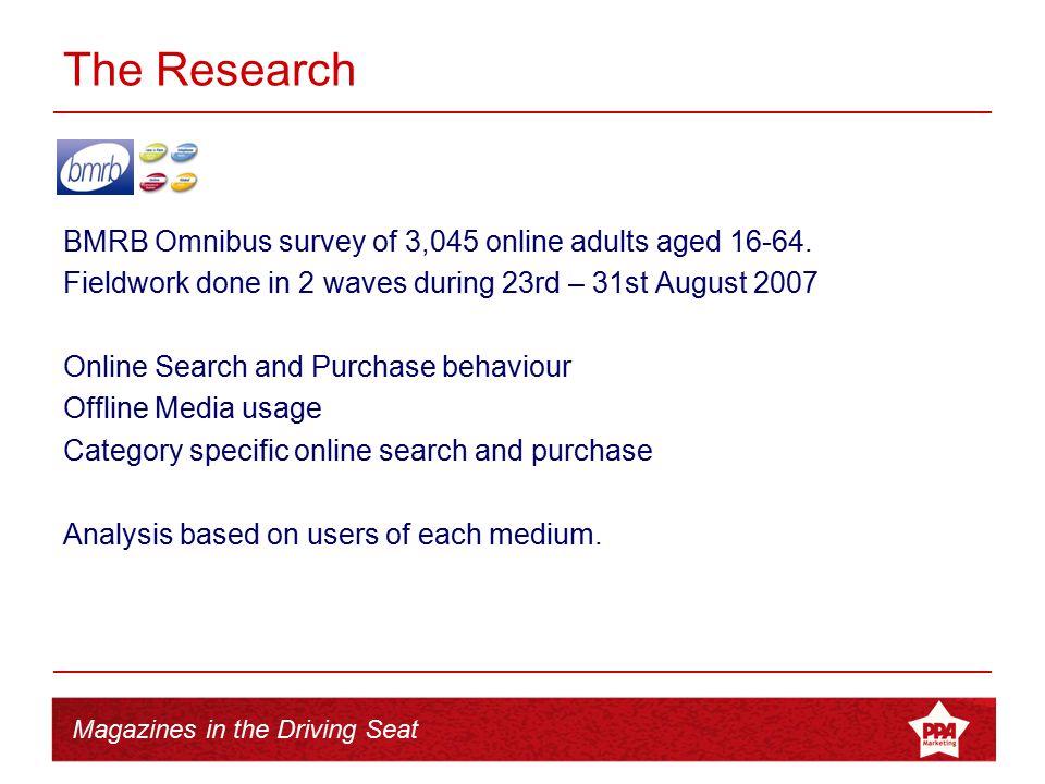 Magazines in the Driving Seat The Research BMRB Omnibus survey of 3,045 online adults aged
