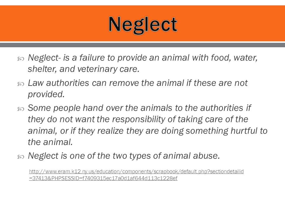  Neglect- is a failure to provide an animal with food, water, shelter, and veterinary care.