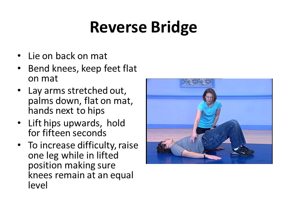 Reverse Bridge Lie on back on mat Bend knees, keep feet flat on mat Lay arms stretched out, palms down, flat on mat, hands next to hips Lift hips upwards, hold for fifteen seconds To increase difficulty, raise one leg while in lifted position making sure knees remain at an equal level