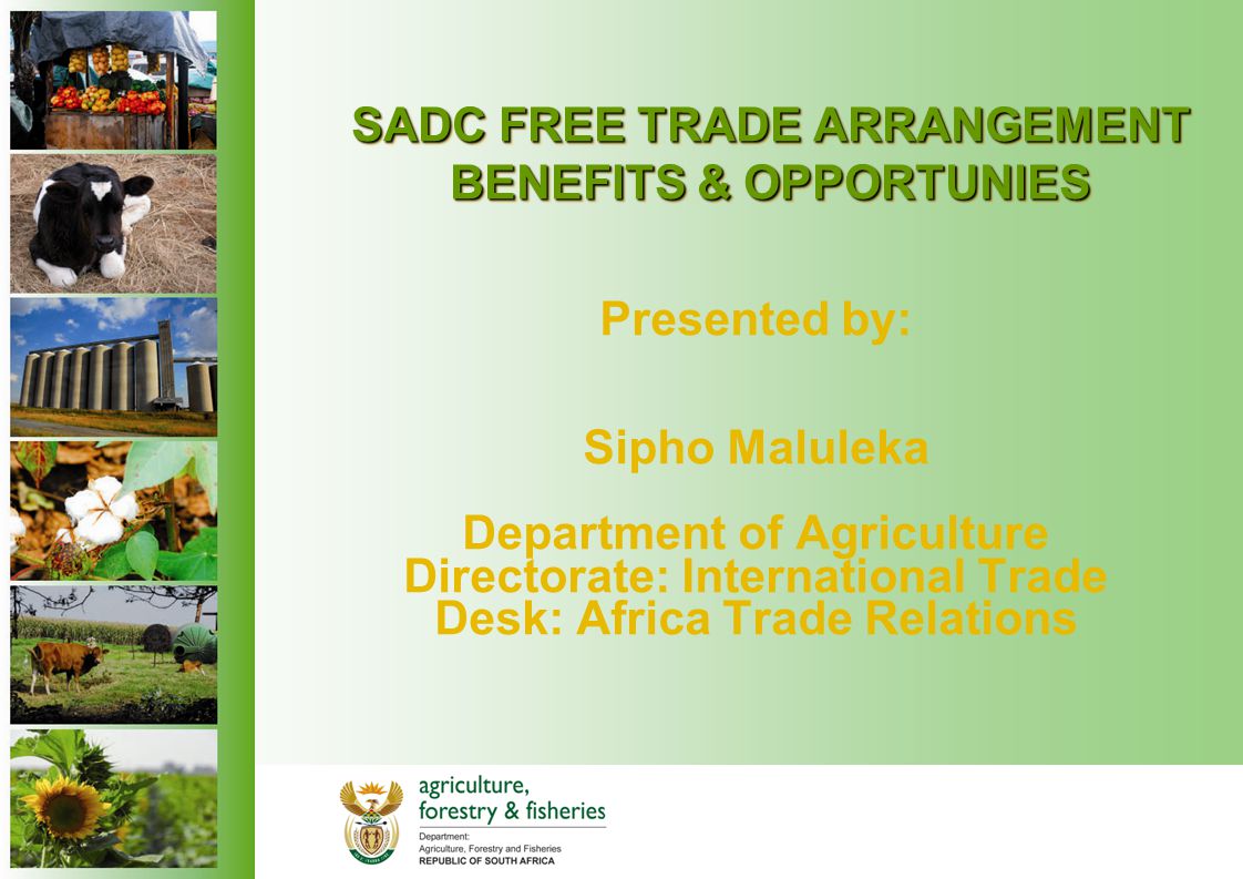 SADC FREE TRADE ARRANGEMENT BENEFITS & OPPORTUNIES Presented by: Sipho Maluleka Department of Agriculture Directorate: International Trade Desk: Africa Trade Relations