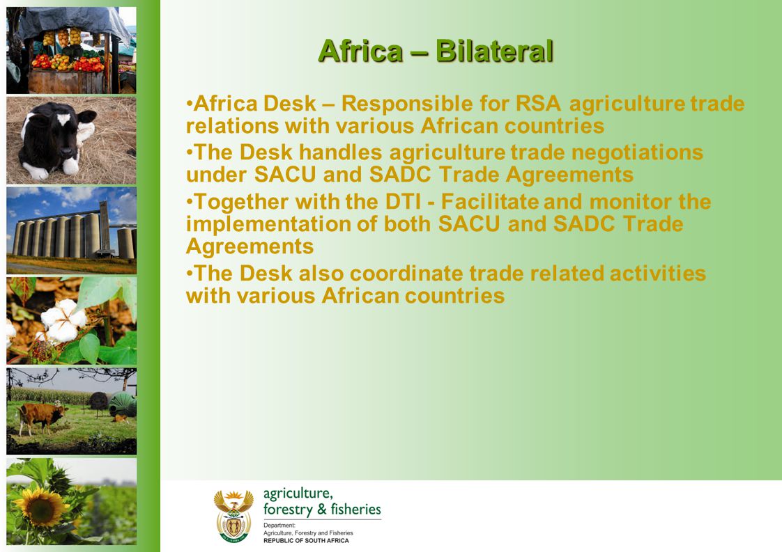 Africa – Bilateral Africa Desk – Responsible for RSA agriculture trade relations with various African countries The Desk handles agriculture trade negotiations under SACU and SADC Trade Agreements Together with the DTI - Facilitate and monitor the implementation of both SACU and SADC Trade Agreements The Desk also coordinate trade related activities with various African countries