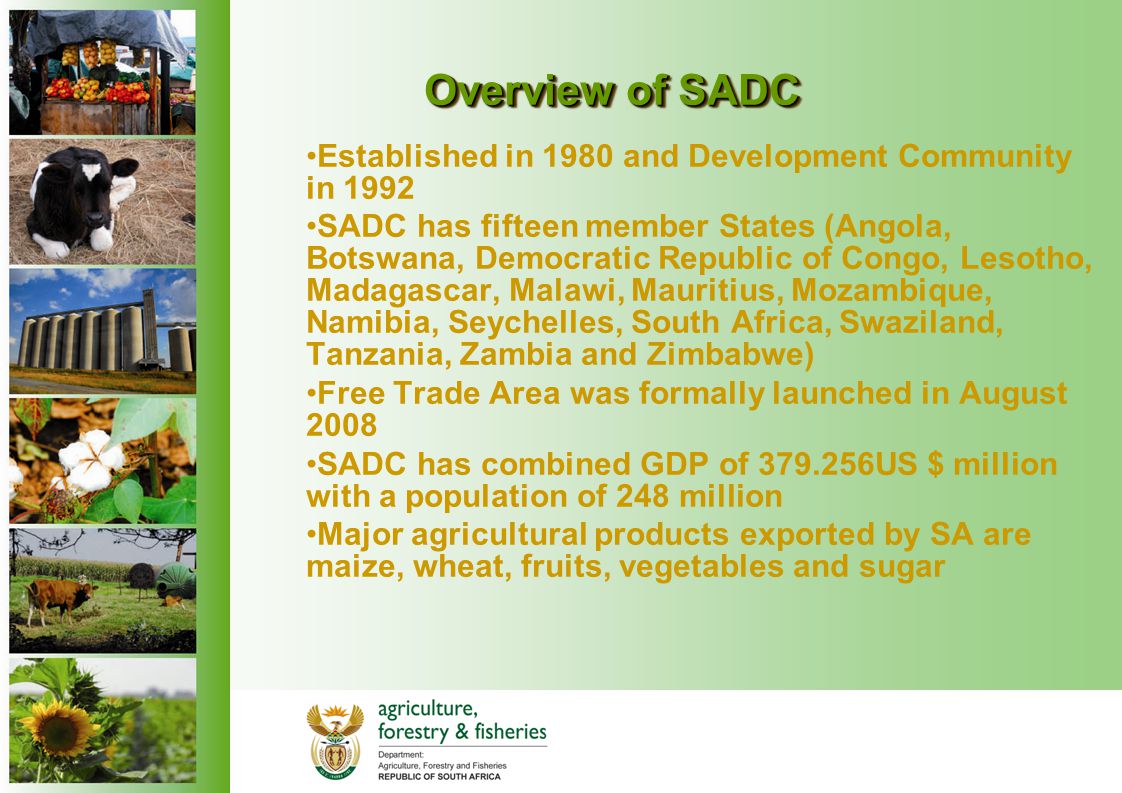 Established in 1980 and Development Community in 1992 SADC has fifteen member States (Angola, Botswana, Democratic Republic of Congo, Lesotho, Madagascar, Malawi, Mauritius, Mozambique, Namibia, Seychelles, South Africa, Swaziland, Tanzania, Zambia and Zimbabwe) Free Trade Area was formally launched in August 2008 SADC has combined GDP of US $ million with a population of 248 million Major agricultural products exported by SA are maize, wheat, fruits, vegetables and sugar Overview of SADC