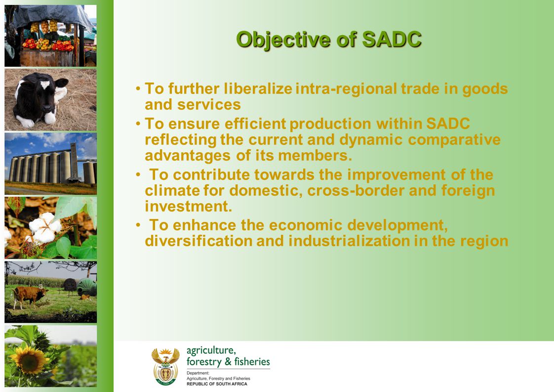 Objective of SADC To further liberalize intra-regional trade in goods and services To ensure efficient production within SADC reflecting the current and dynamic comparative advantages of its members.