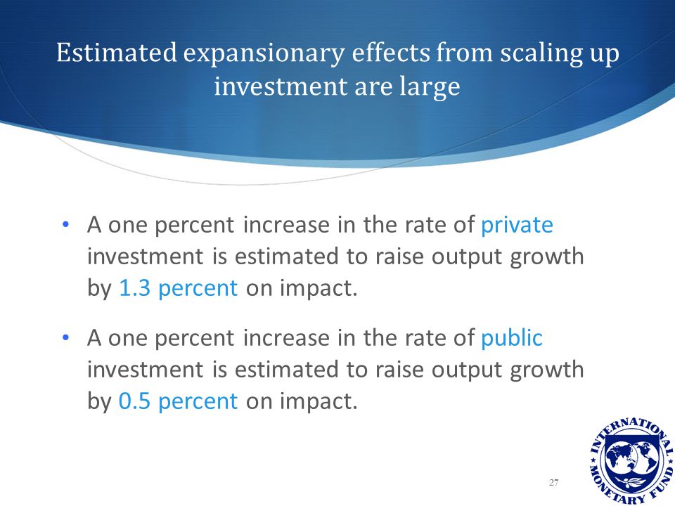Estimated expansionary effects from scaling up investment are large 27 A one percent increase in the rate of private investment is estimated to raise output growth by 1.3 percent on impact.