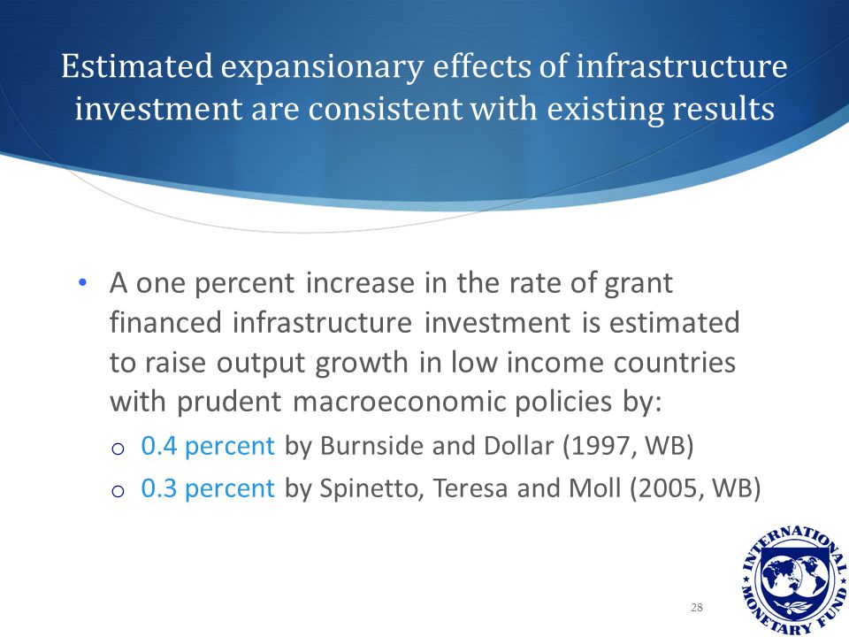 Estimated expansionary effects of infrastructure investment are consistent with existing results 28 A one percent increase in the rate of grant financed infrastructure investment is estimated to raise output growth in low income countries with prudent macroeconomic policies by: o 0.4 percent by Burnside and Dollar (1997, WB) o 0.3 percent by Spinetto, Teresa and Moll (2005, WB)