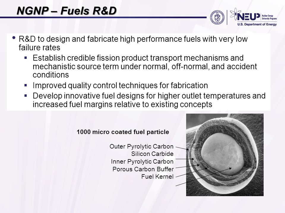 R&D to design and fabricate high performance fuels with very low failure rates  Establish credible fission product transport mechanisms and mechanistic source term under normal, off-normal, and accident conditions  Improved quality control techniques for fabrication  Develop innovative fuel designs for higher outlet temperatures and increased fuel margins relative to existing concepts Outer Pyrolytic Carbon Silicon Carbide Inner Pyrolytic Carbon Porous Carbon Buffer Fuel Kernel 1000 micro coated fuel particle NGNP – Fuels R&D