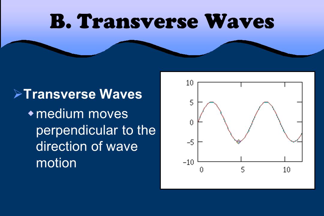 B. Transverse Waves  Transverse Waves  medium moves perpendicular to the direction of wave motion