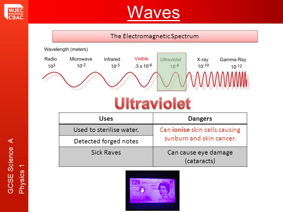 GCSE Science A Physics 1 Waves The Electromagnetic Spectrum UsesDangers Used to sterilise water.Can ionise skin cells causing sunburn and skin cancer.