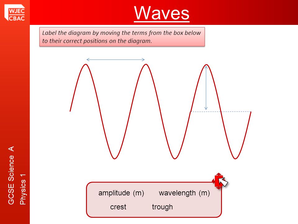 GCSE Science A Physics 1 Waves wavelength (m)amplitude (m) cresttrough Label the diagram by moving the terms from the box below to their correct positions on the diagram.
