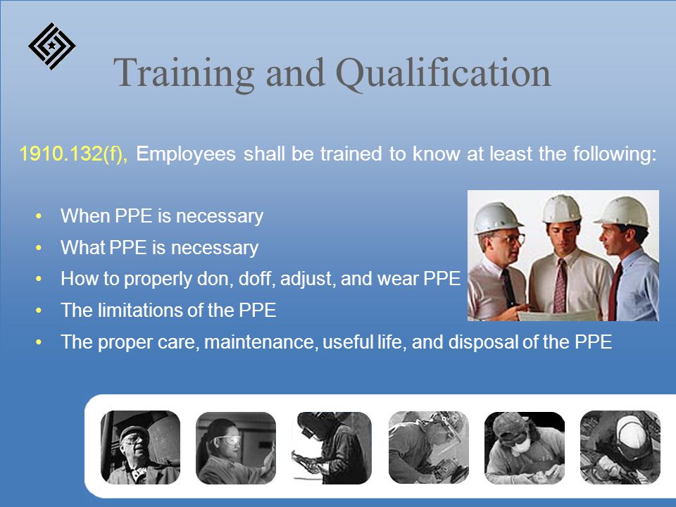 Training and Qualification When PPE is necessary What PPE is necessary How to properly don, doff, adjust, and wear PPE The limitations of the PPE The proper care, maintenance, useful life, and disposal of the PPE (f), Employees shall be trained to know at least the following:
