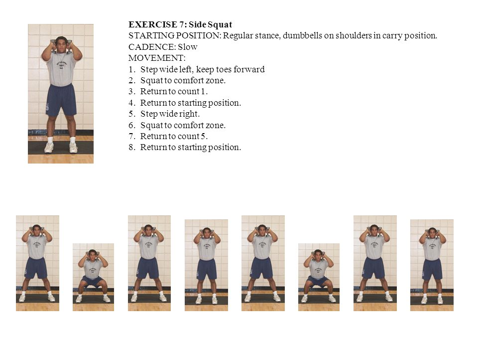 EXERCISE 7: Side Squat STARTING POSITION: Regular stance, dumbbells on shoulders in carry position.