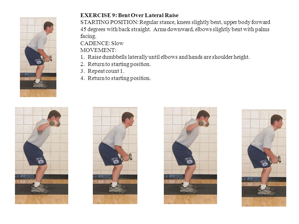 EXERCISE 9: Bent Over Lateral Raise STARTING POSITION: Regular stance, knees slightly bent, upper body forward 45 degrees with back straight.