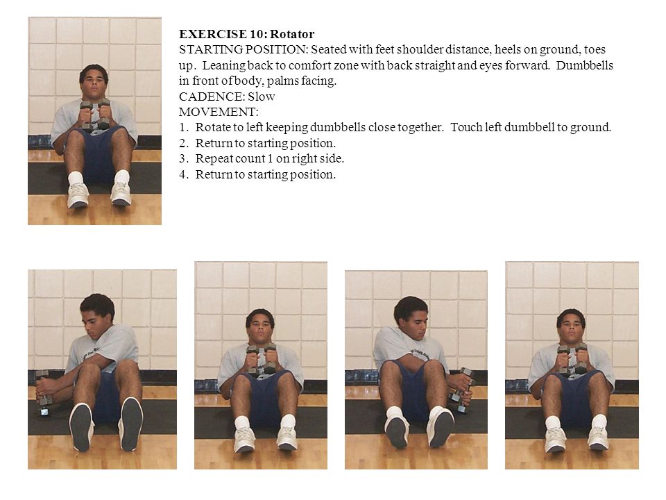 EXERCISE 10: Rotator STARTING POSITION: Seated with feet shoulder distance, heels on ground, toes up.